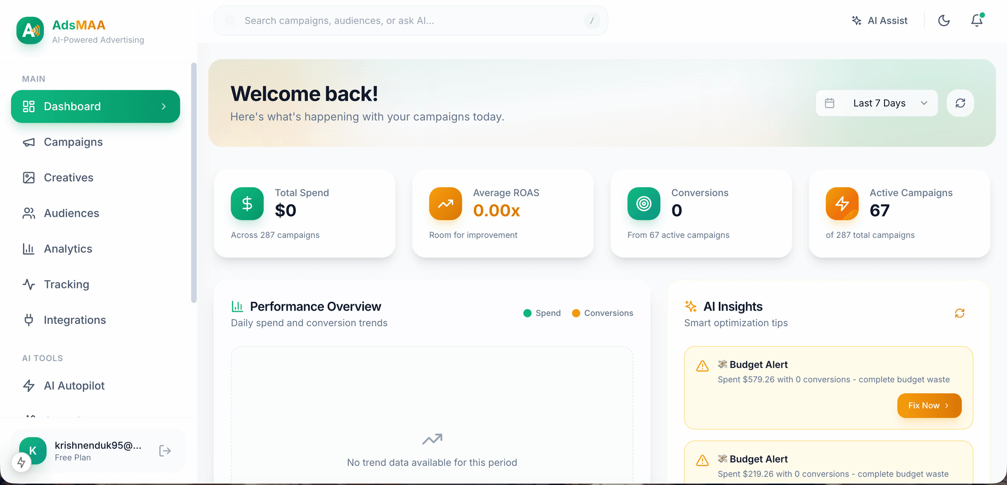 AdsMAA Dashboard - AI-powered advertising platform interface